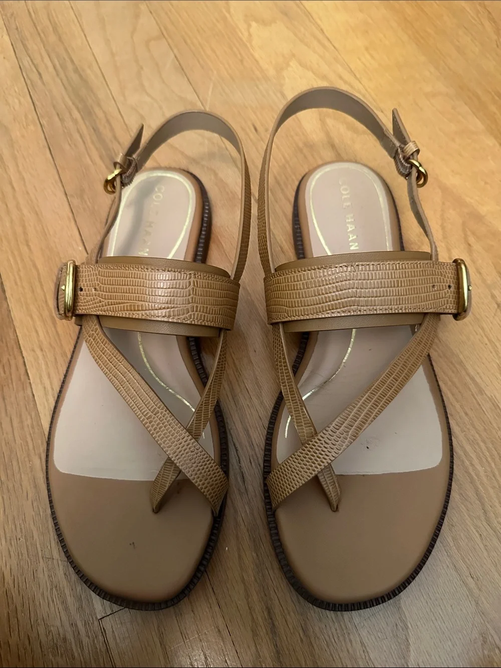 Cole Haan Tan Lizard-Texture Slingback Sandals with Gold Buckles